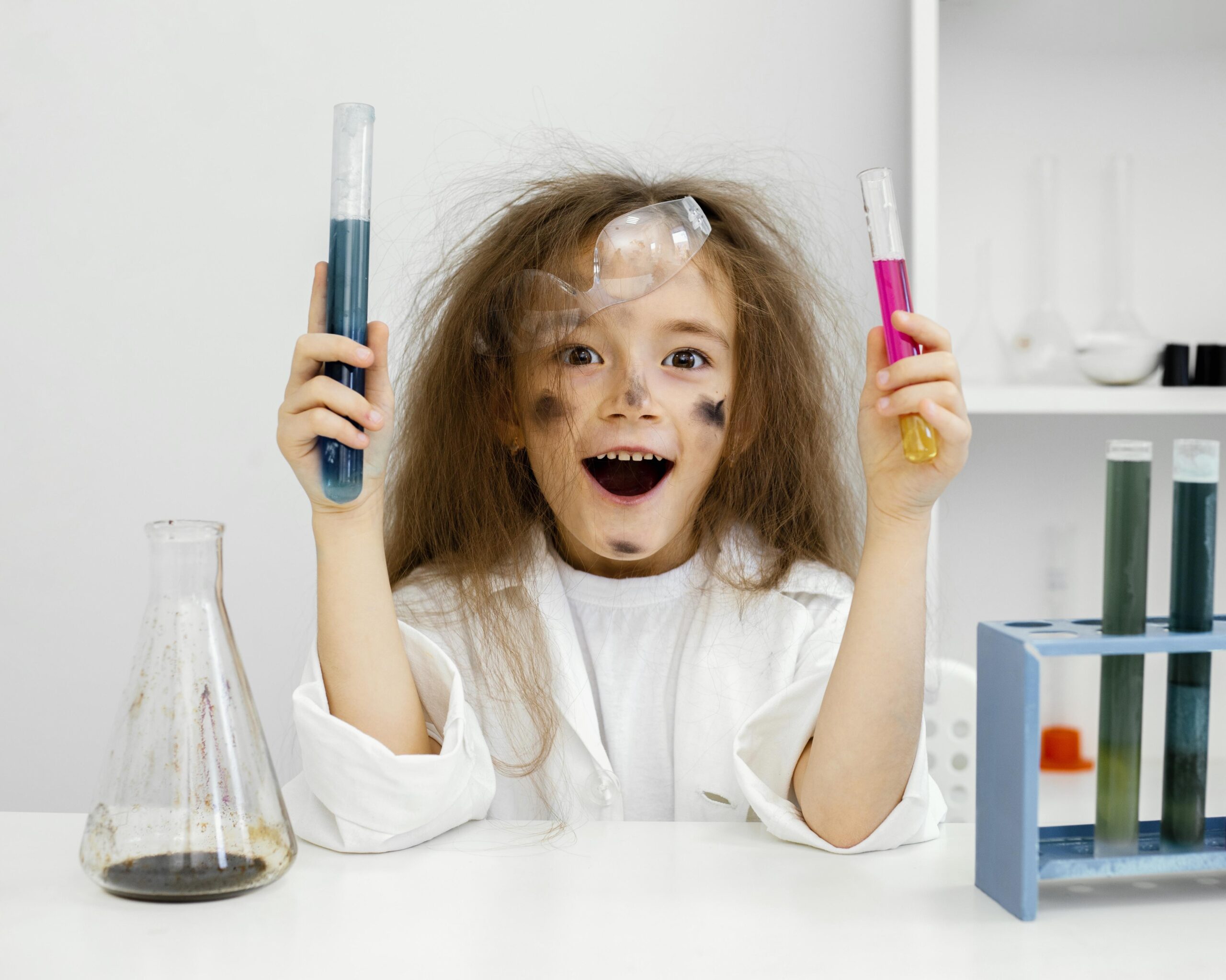 smiley girl scientist laboratory with test tubes failed experiment